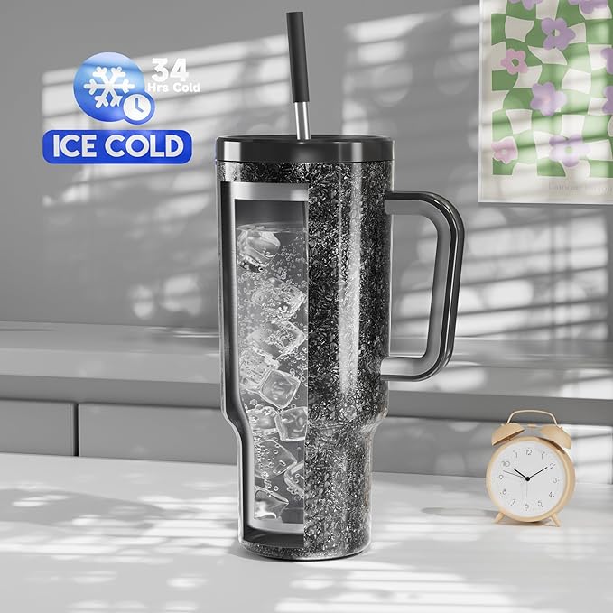 Meoky 40 oz Tumbler with Handle and Straw: Stainless Steel Insulated Tumbler with Lid and Straw - 100% Leak Proof Tumbler for Car Cup Holders - Travelers Commuters Workers, Midnight - Bloomnest