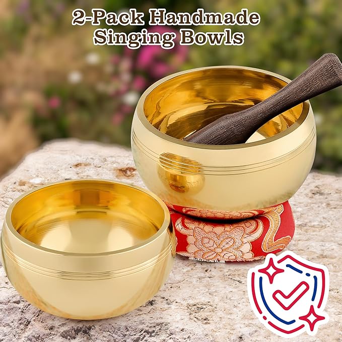 2-Pack Tibetan Singing Bowls Set - 100% Handmade in Nepal, Sound Bowl Meditation Set for Yoga, Chakra Healing, Meditation Gifts, Unique Gifts for Women - Bloomnest