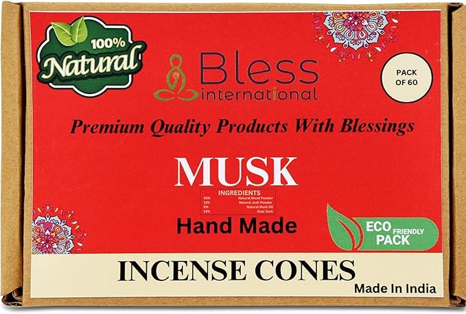 Bless International Musk 100%-Natural-Incense-Cones Handmade-Hand-Dipped Organic-Chemicals-Free for-Purification-Relaxation-Positivity-Yoga-Meditation The-Best-scents (60 Count) BlessInternational
