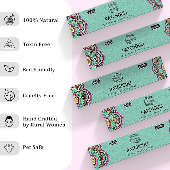 Raajsee Patchouli Incense Sticks (180 gm), 100% Pure Organic Natural Hand Rolled Free from Chemicals - Patchouli Incense Perfect for Aromatherapy, Cleansing, Meditation, and Church(Pack of 12) - Bloomnest
