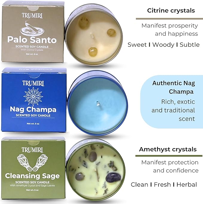 Cleansing Sage, Palo Santo, Nag Champa - Soy Candles Non Toxic - Highly Scented Long Lasting with Essential Oils - Variety Pack of 3 x 5oz - for Home Aromatherapy Meditation Gift Travel TRUMIRI