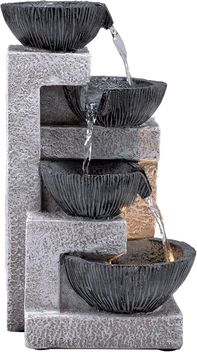 Alpine Corporation WIN1578 14" Cascading Tabletop Bowl Fountain with LED Lights – Elegant Water Fountain for Home, Office, Living Room, Bedroom, and Desk, Gray - Bloomnest