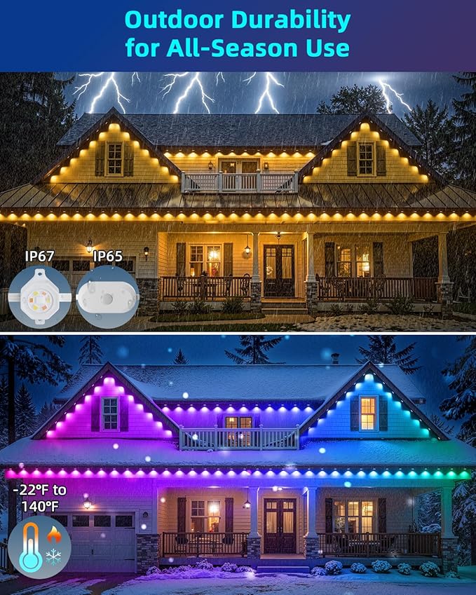 REYLAX 100FT Permanent Outdoor Lights with 60 LED Lights, RGB+IC Eaves Lights, IP67 Waterproof, Multi Scenes for Outdoor Christmas Holidays Decor, Works with APP & Remote Control, White - Bloomnest