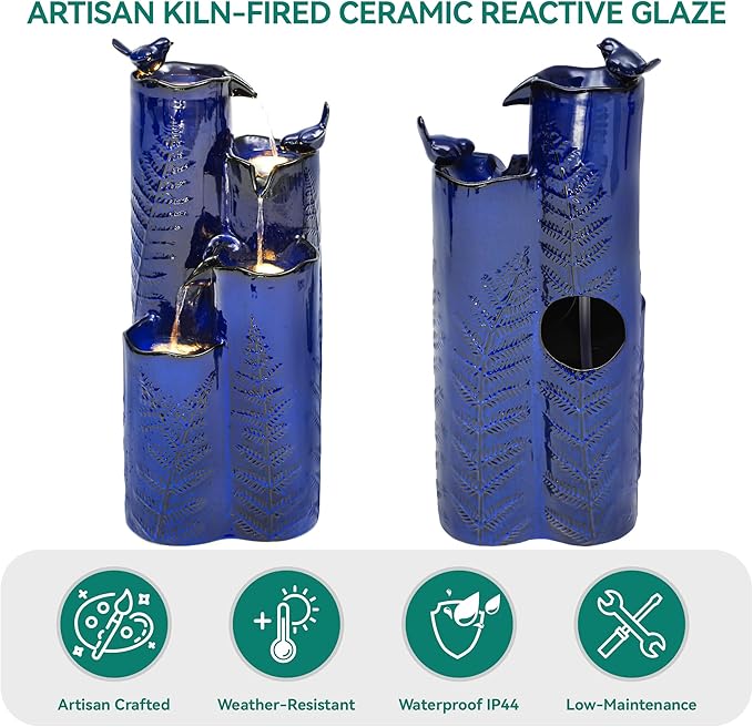32" H Ceramic Outdoor Water Fountain with LED Lights, 4-Tier Vase Outdoor Fountain, Cobalt Blue Glaze, Embossed Fern Pattern, Cascading Waterfall for Tranquil Garden, Patio, or Porch - Bloomnest