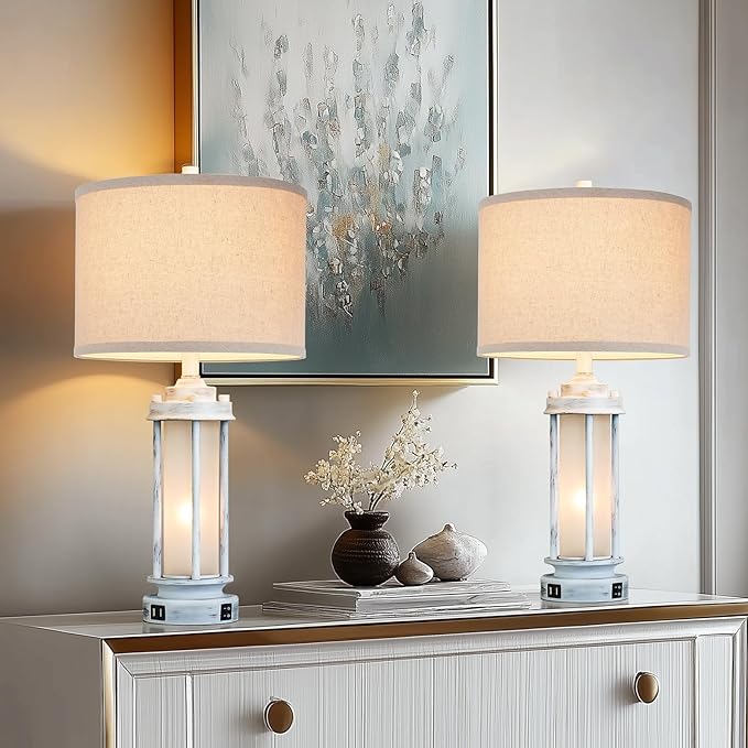 25" Rustic Table Lamps Set of 2, Vintage Nightstand Lamps with 2 USB Ports, Farmhouse Antique White Desk Lamp with Glass Night Light for Living Room Bedroom Dorms, 4 Bulbs Included - Bloomnest
