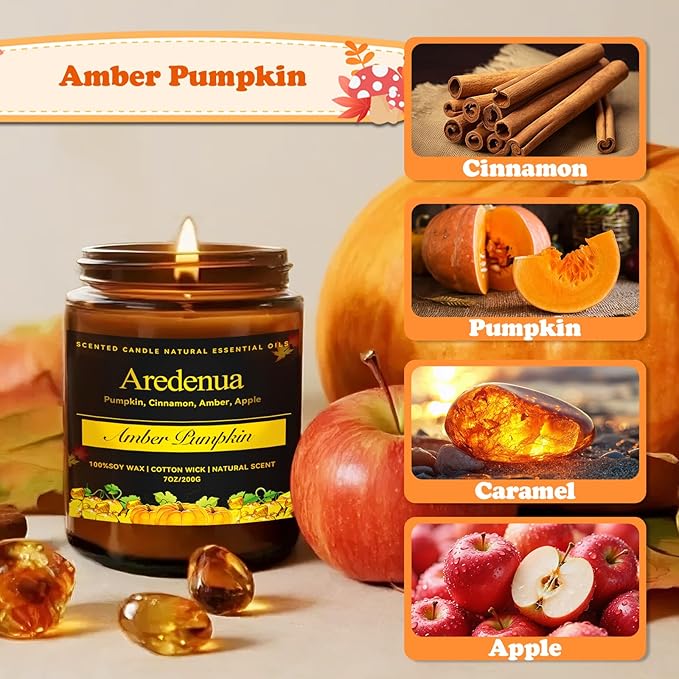 Amber Pumpkin Candle | Fall Pumpkin Candles - Scented Candle for Autumn, 7oz Soy Candles for Home Scented, 50 Hours Burn Time, Harvest Holiday/Winter/Thanksgiving Christmas Gifts for Women Men - Bloomnest
