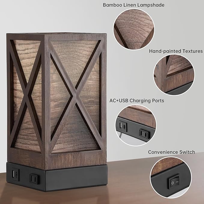 Table Lamp, Set of 2 Rustic Farmhouse Nightstand Lamps, 3 Color Temperatures Desk Lamp with USB Charging Ports AC Outlet Vintage Lamp for Living Room Bed Room, Brown Tiger Pattern - Bloomnest
