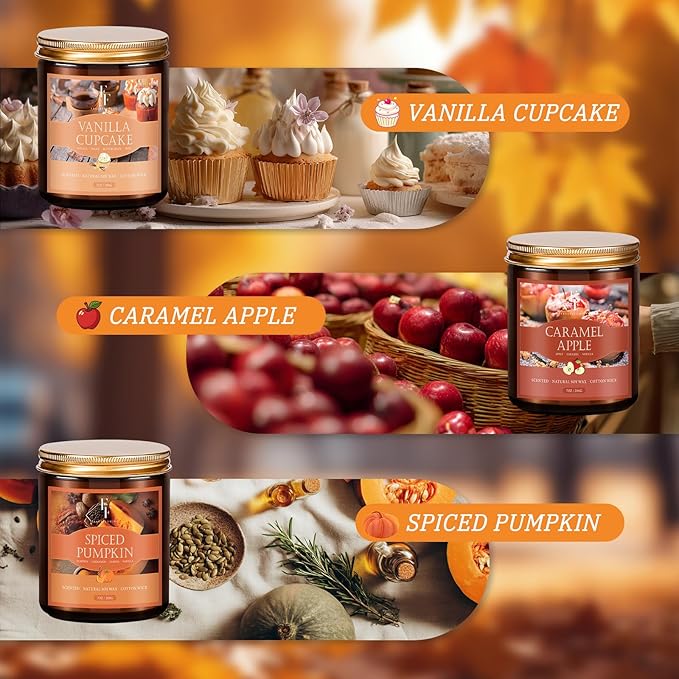 Fall Candles Set, 6 Pack Candles for Home Scented Natural Soy Wax, Autumn Gifts Set for Women Men, Fall Fragrance of Pumpkin/Cinnamon/Vanilla Cupcake/Apple/Harvest/Latte - Bloomnest