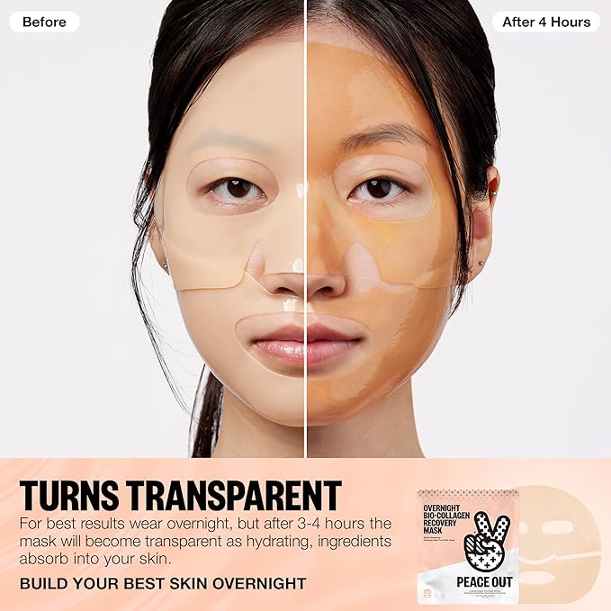 PEACE OUT Overnight Bio-Collagen Recovery Face Mask, Hydrating Overnight Sheet Mask with Vegan Collagen and Hyaluronic Acid, Helps Calm and Restore Skin, 1 Count - Bloomnest