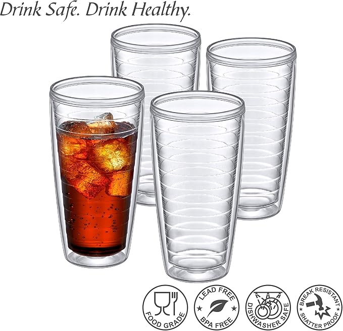 Amazing Abby - Alaska - 24-Ounce Insulated Plastic Tumblers (Set of 4), Double-Wall Plastic Drinking Glasses, All-Clear Reusable Plastic Cups, BPA-Free, Shatter-Proof, Dishwasher-Safe - Bloomnest