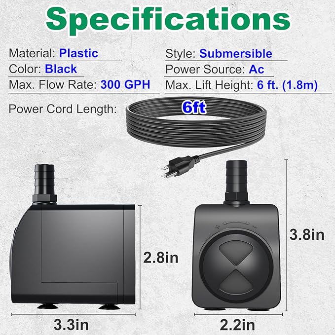 Submersible Pump 300GPH Ultra Quiet with Over Heating Protection 6ft High Lift for Fountains, Hydroponics, Ponds, Aquariums & More… - Bloomnest