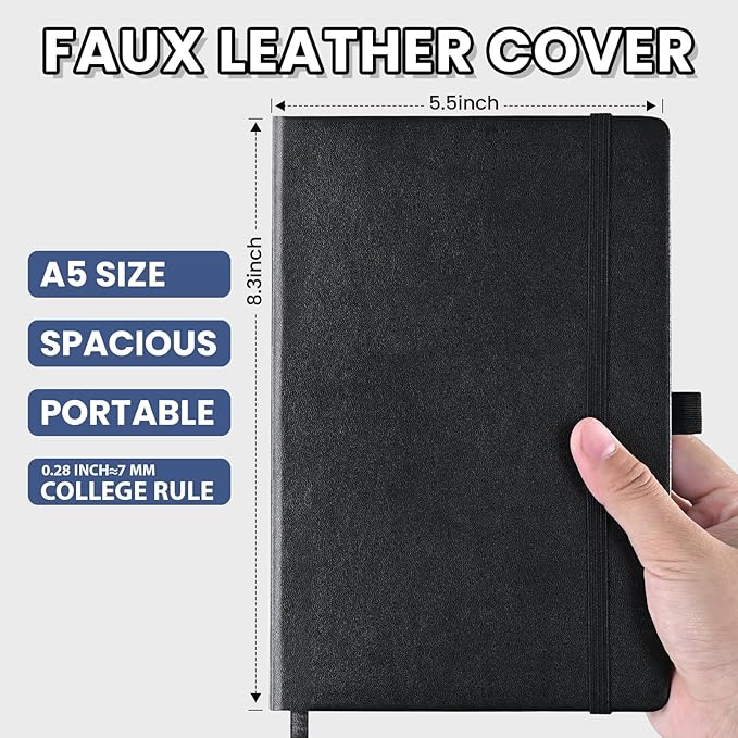 SUIN Lined Journal Notebook, Leather Hardcover Journal for Work, School, Travel, 100 GSM Paper, 160 Pages, 5.5x8.3 Inch, College Ruled, Black, 6-Pack - Bloomnest