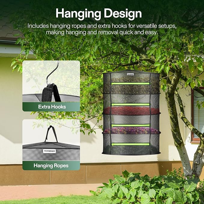 VIVOSUN 4-Layer Mesh Drying Rack Hanging Design with Green Zippers for Dehydrating, Indoor and Outdoor Pruning Shears Included - Bloomnest
