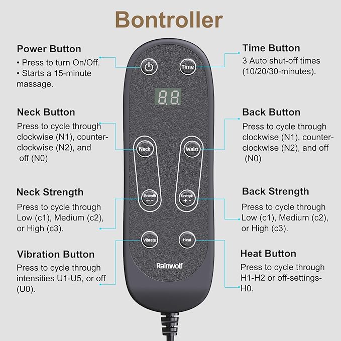 Rainwolf Shiatsu Neck and Back Massage Cushion with Heat - 4D Deep Tissue Kneading Full-Back Massager for Relief Tension, Adjustable Intensity & Height, for Office Chair & Home - Bloomnest