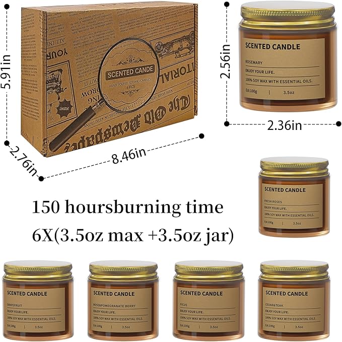 6 Pack Scented Candles Gifts for Women,3.5 Oz Amber Candles Set, 150 Hours Long Burning Soy Wax Candles Jar Aromatherapy Candles for Stress Relief, Birthdays, Weddings, Christmas Gifts, Yoga, Bath - Bloomnest