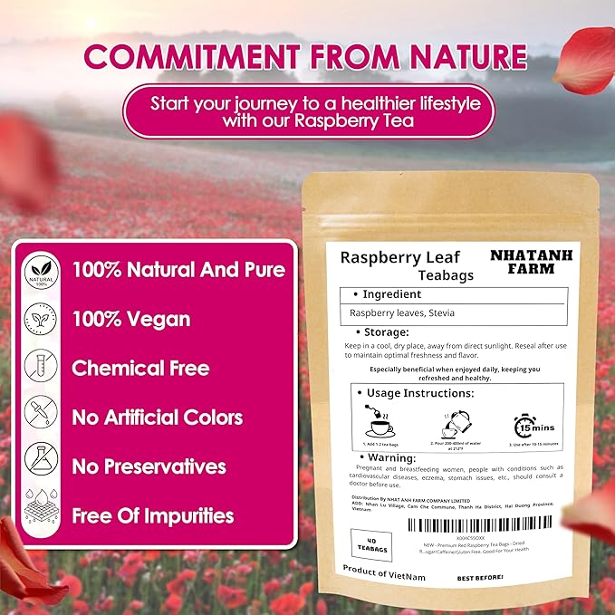 Nhat Anh Farm - Premium Red Raspberry Tea Bags - 40 Dried Red Raspberry Leaf Tea Bags, 100% Natural & Pure Raspberry Leaf, Sugar/Caffeine/Gluten Free. Good For Female Health. - Bloomnest
