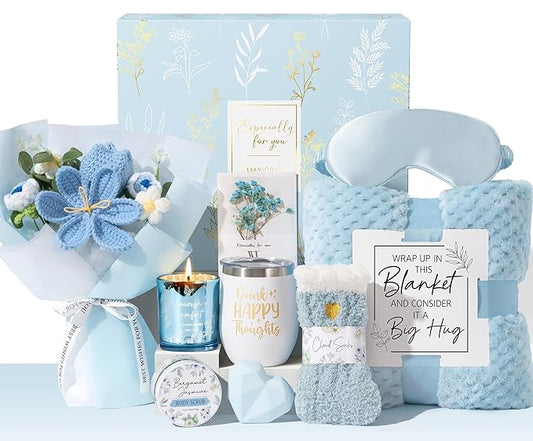 Valentine's Day Birthday Gifts for Women Self Care Package Get Well Soon Gift Baskets, Thinking of You Sympathy Spa Gift Set w/ Crochet Flower Bouquet, Unique Gifts for Women Her Wife Girlfriend Mom