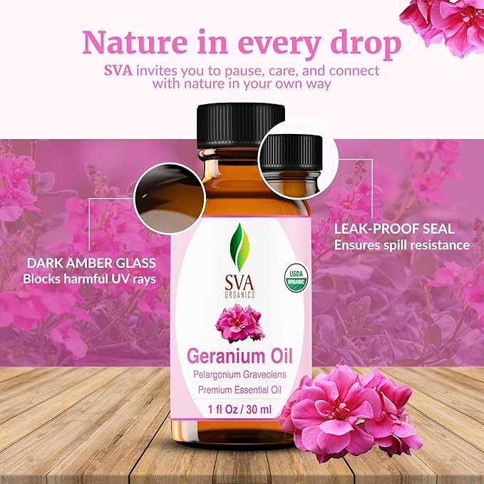 SVA Geranium Essential Oil Organic – 1 Fl Oz – 100% Natural Organic Geranium Oil - for Diffuser, Hair Care, Face, Skin Care, Aromatherapy, Scalp and Body Massage, Soap and Candle making – with Dropper - Bloomnest