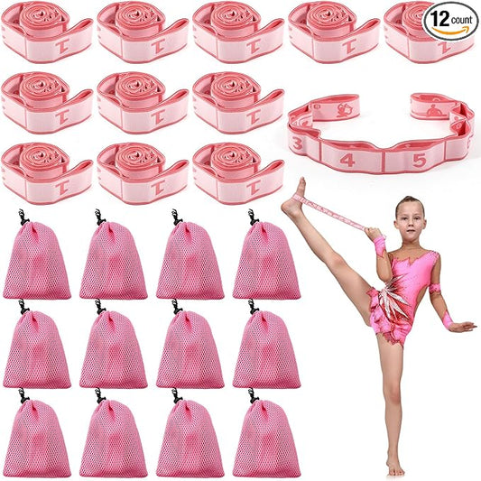 Soulchen 12 Sets Stretching Strap with 8 Loops for Kids Include 12 Storage Bags 12 Children Gymnastics Stretching Strap for Cheer Dance Training Elastic Band Cheerleading Training Ballet Yoga (Pink) - Bloomnest