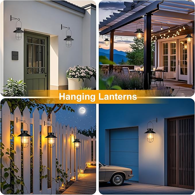 pearlstar Solar Lantern Outdoor 2 Packs Hanging Light Metal Solar Lamp with Warm White Edison Bulb Design for Garden Yard Patio Proch Decor(Black) - Bloomnest