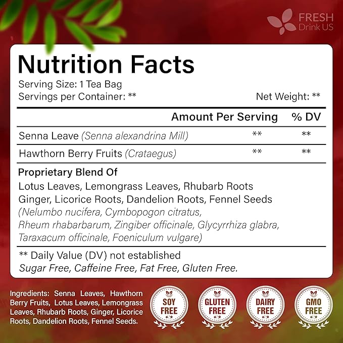 FreshDrinkUS, Premium Improve Colon Tea | 75 Tea Bags | Herbal Tea Blend with Senna Leaves, Lotus Leaves, Hawthorn Berry, Ginger & More – Caffeine Free Botanical Tea – Natural Daily Herbal Infusion - Bloomnest