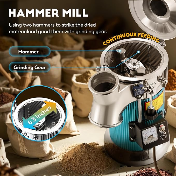 CGOLDENWALL Hammer Mill Grinder, 2000W Commercial Electric Herb Grinder, 44 Lbs/H, Continuous Feeding, with Funnel & 6 Sieve Meshes, Pulverizer for Dry Herb Grain Spice Nutmeg,110V - Bloomnest