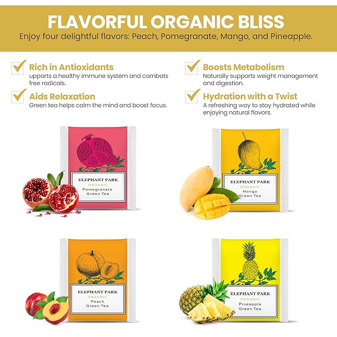 Premium Organic Fruit Green Tea Sampler, 100 Count Assorted Tea Bags, Caffeinated & Herbal Variety Pack Pineapple, Pomegranate, Mango, Peach Flavors - Bloomnest