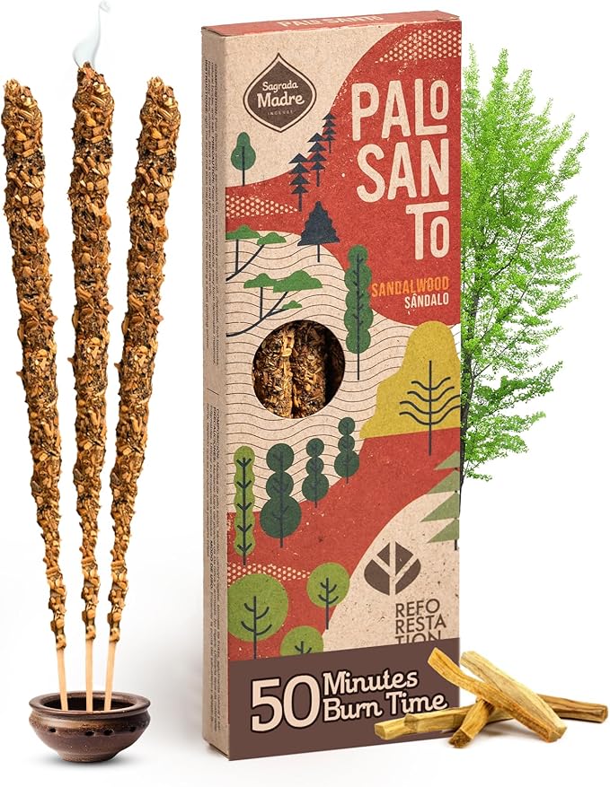 Sagrada Madre 4pcs Wildly Harvested Palo Santo Incense Sticks (Sandalwood), 6.7” Long - Non-Toxic, Aromatic Incense Sticks (50 min Approx. Burning Time) to Heal & Calm Your Body and Environment SagradaMadre