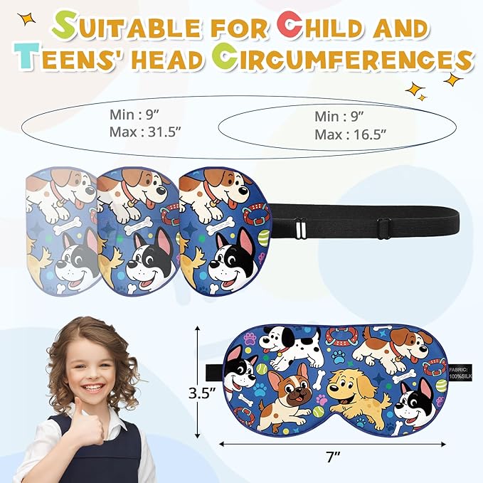 Silk Kids Sleep Mask: 100% Mulberry Silk Eye Mask, Sleeping Masks with Adjustable Strap, Soft & Light-Blocking Printed Kid Eye Cover for Boys Girls Teens Aged 5-15 (Puppy Theme) - Bloomnest