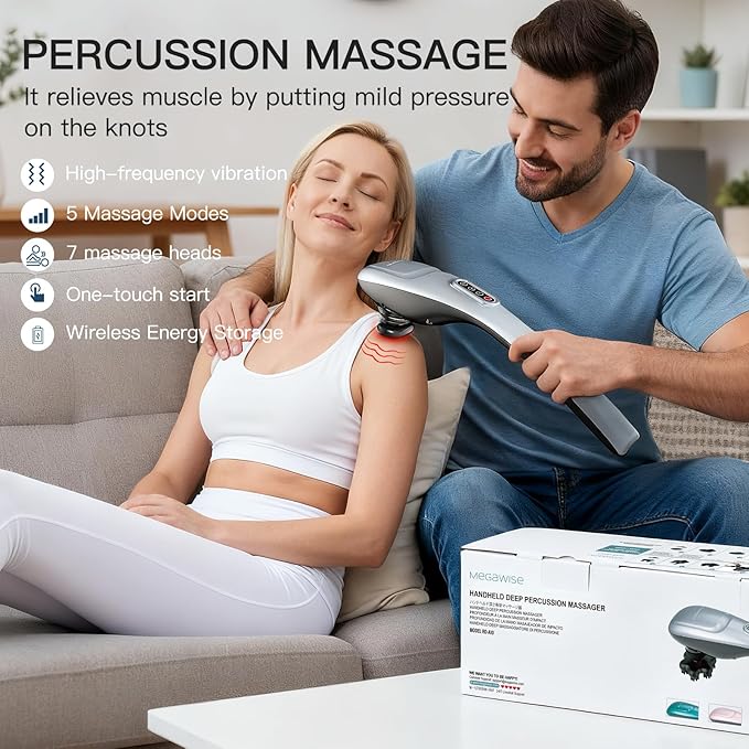 MEGAWISE Handheld Back Massager | Deep Tissue Percussion Massage for Back, Neck, Shoulders, Waist and Legs (Cordless Silver) - Bloomnest