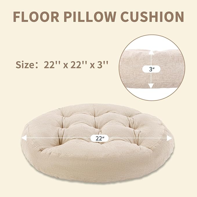 Meditation Floor Pillow, 2 Pack Round Floor Cushions for Adults, Button Tufted Seat Cushions for Yoga Tatami Living Room, Beige, 22 x 22 x 4 in
