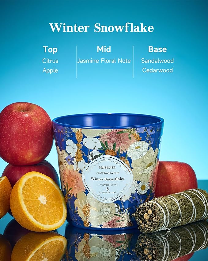 M&SENSE Winter Snow Flake Scented Candle, 28.2oz 3 Wick Natural Soy Wax Large Candles, Long Lasting Clean Slow Burning No Toxic Décor for Home Relaxation, Romantic Dates & Gift-Giving - Bloomnest