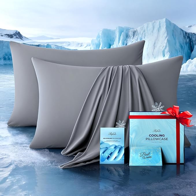 Ultra-Chill Cooling Pillowcase Set of 2 for Hot Sleepers, Softer Than Silk Pillow Cases for Protecting Hair & Skin, Breathable Bed Pillow Covers w/Zipper, Gifts for Women Men (Light Gray, Standard) - Bloomnest