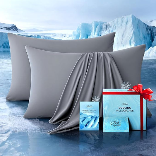 Ultra-Chill Cooling Pillowcase Set of 2 for Hot Sleepers, Softer Than Silk Pillow Cases for Protecting Hair & Skin, Breathable Bed Pillow Covers w/Zipper, Gifts for Women Men (Light Gray, Standard) - Bloomnest