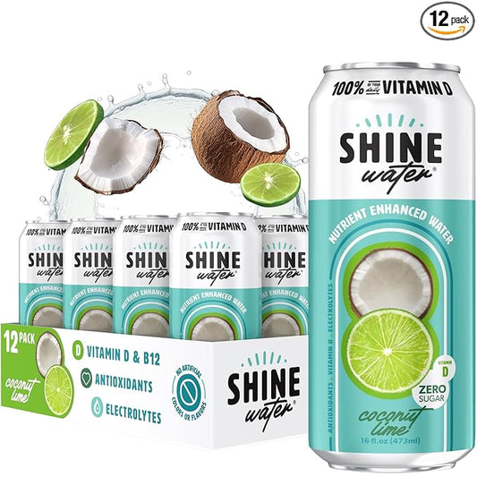 Shine Water Coconut Lime Vitamin D Electrolyte Drinks 12-Pack, Sugar Free Flavored Water with Magnesium, Zinc & Antioxidants, Low Calorie Hydration Beverage, Plant-Based Vitamin Water Zero Sugar - Bloomnest