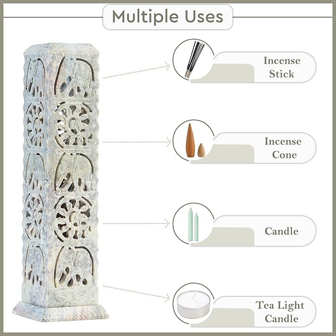 Crocon Handmade Incense Stick Holder Soapstone Incense Tower Burner | Candle Stand Tea Light Holder |Office Decor Room Fragrance Decorative Kitchen Home Spa Great Gift Set - 11X3X3 Inch