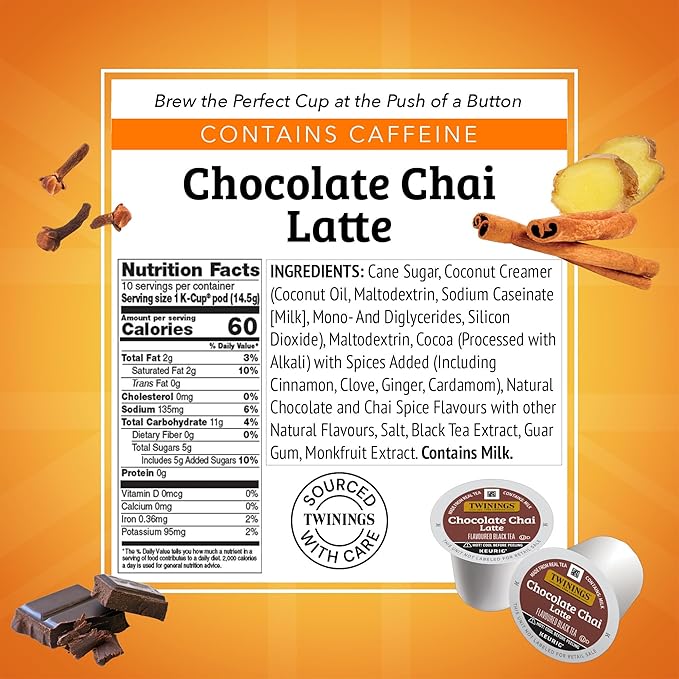 NEW Twinings Chocolate Chai Latte Tea 60 K-Cup Pods for Keurig, 10 Count (Pack of 6), Velvety Smooth Cocoa with Real Spiced Tea, Caffeinated, Enjoy Hot or Iced - Bloomnest