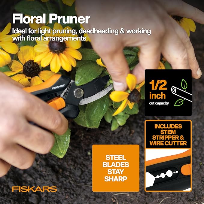 Fiskars Flower Gardening Tool Set with Floral Pruner, Trowel, Cultivator, Garden Gloves, and Ultra-Light Kneeling Cushion for Outdoor Use (5 Piece Kit) - Bloomnest