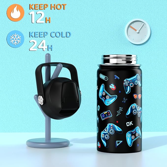 14oz Kids Insulated Water Bottle with Straw Lid - 18/8 Stainless Steel Kid Cup Travel Tumbler Double Wall Vacuum Leak Proof Portable Toddler Water Bottle (Game) - Bloomnest