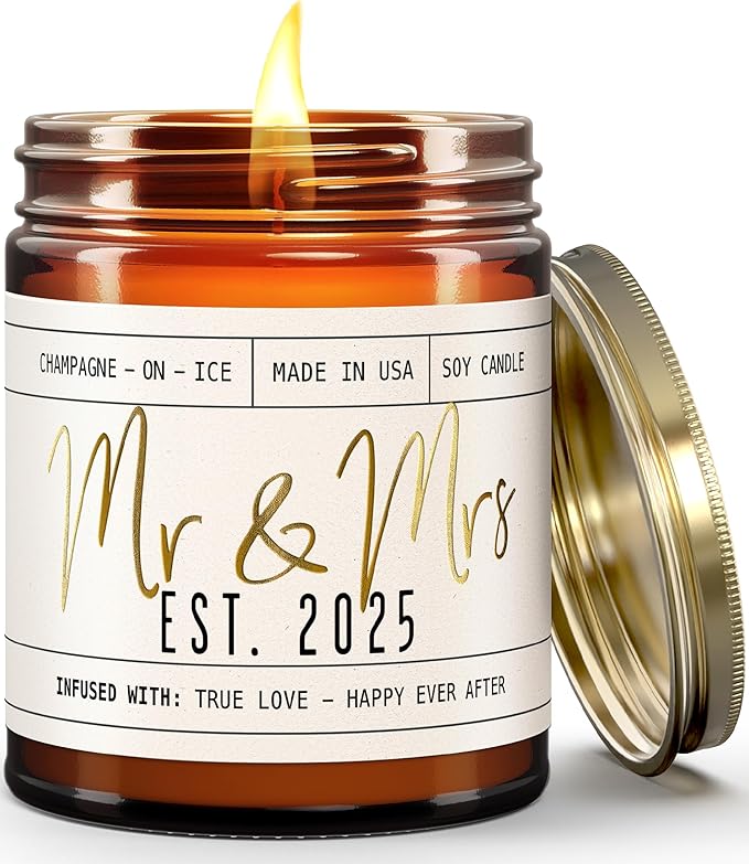 Wedding Gifts for Couples 2025, Bridal Shower Gifts from Bride - 'Mr & Mrs Est. 2025 Candle, w/Champagne on Ice I Wedding Shower for Newlyweds I 50Hr Burn, USA Made - Bloomnest