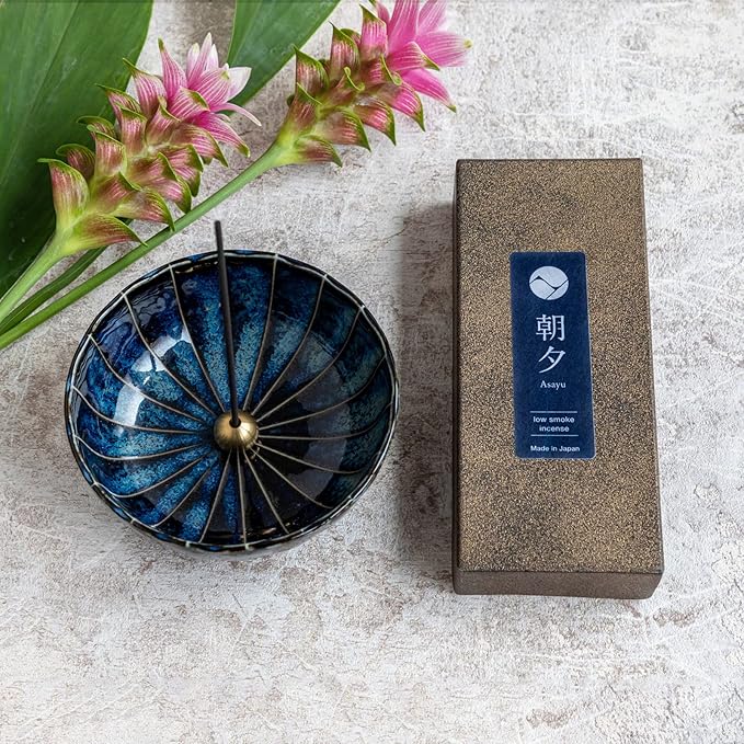 Asayu Japan Low Smoke Incense Gift Set with Incense Holder and Brass Stand, Premium Yoga Set (Lotus & Sandalwood) Incense Sticks with Navy Blue Lotus Holder - Bloomnest