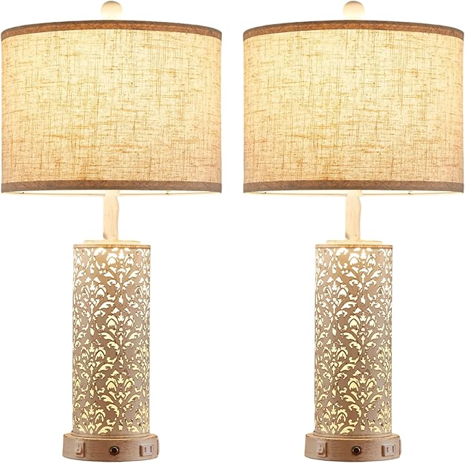 26" Set of 2 Farmhouse Table Lamp, 3-Way Dimmable Touch Control with Nightlight, 2 USB Ports + AC Outlet Vintage Rustic Bedside Lamp for Living Room Bedroom and Nightstand (White-2 Pack) - Bloomnest