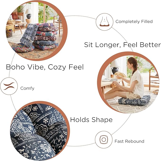 Meditation Floor Pillow Set of 2, Large Pillows Seating for Adults and Kids, Bohemian Cushion for Fireplace Yoga Living Room Sitting, Memory Foam Added, 22x22 Inch Indigo Elephant - Bloomnest