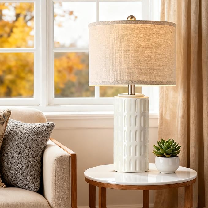 PARTPHONER 23" Farmhouse Modern Ceramic Table Lamp Set of 2 - White Bedside Lamps for Bedroom & Living Room, Nightstand, Desk, End Table - Bloomnest