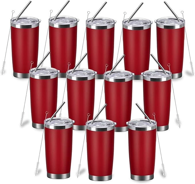 20oz insulted tumblers stainless steel cup Tumbler Bulk with push Lid, and metal straw powder coated coffee cup for cold and hot drinking (12, red) - Bloomnest