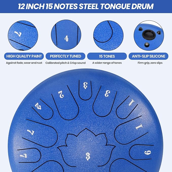 Steel Tongue Drum, 12 Inches 15 Notes Hand Pan Drum, Steel Drum, with Music Book, Handpan Drum Mallet, and Carry Bag (Blue, 12 Inch)