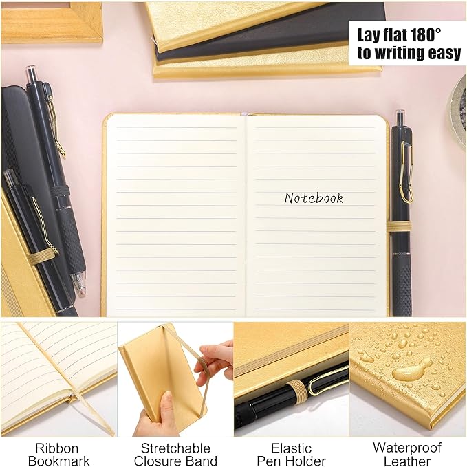 Aodaer 50 Sets Graduation Gifts Pocket Notebook Journal with Pens, 160 Page, 3.5 x 5.5 Inch Mini Lined Journal Notebook A6 Leather Hardcover Notepad with Pen Holder for School Office, Black and Gold - Bloomnest