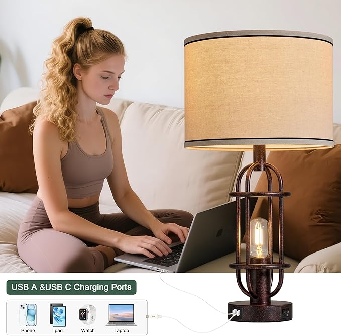 22.3" Table Lamps for Living Room Set of 2, Farmhouse Lamps for Nightstand, Vintage Table Lamps for Bedroom with USB Ports, Bulbs Included - Bloomnest