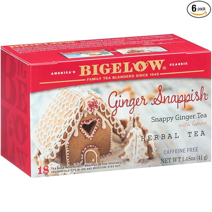 Bigelow Tea Ginger Snappish Herbal Tea, Caffeine Free Tea with Ginger and Lemon, Holiday and Christmas Tea, 18 Count Box (Pack of 6), 108 Total Tea Bags - Bloomnest