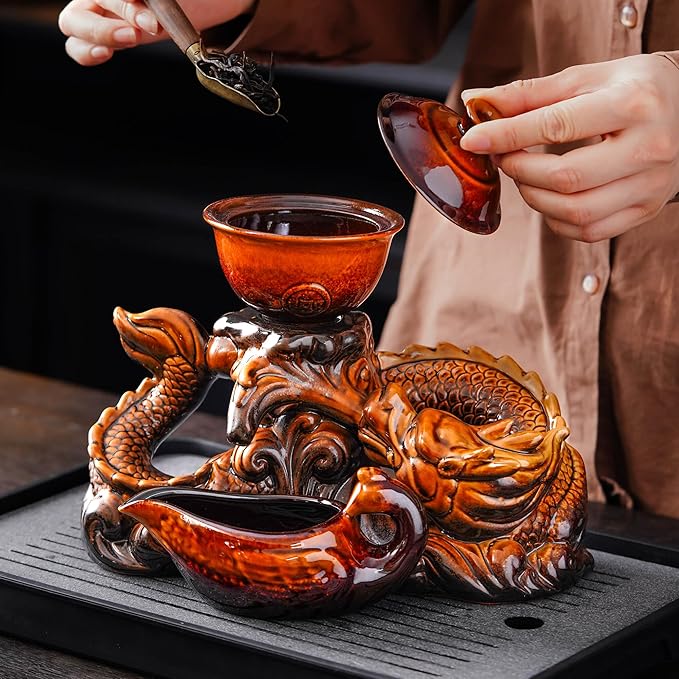 Semi Automatic Tea Set Ceramic Teapot with Infuser Magic Teapot with 8 cups (Yellow Dragon-D) - Bloomnest